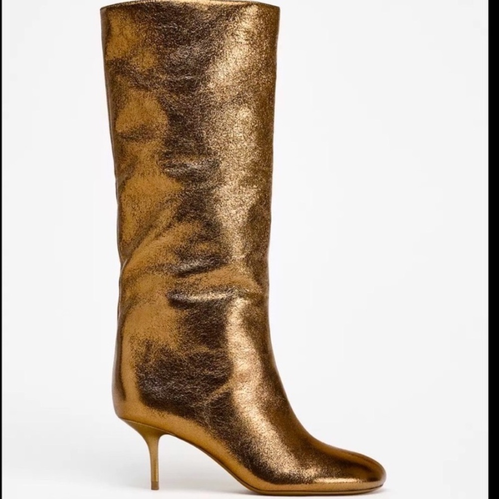ZARA GOLD METALLIC KITTEN HEEL BOOTS